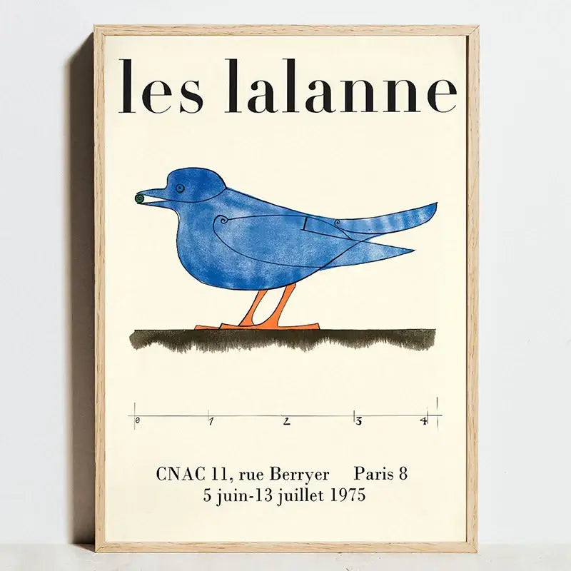 A framed canvas wall art poster featuring a stylized blue bird with orange legs from decorbites bauhaus exhibition posters