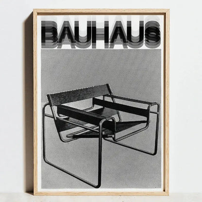 Black and white bauhaus geometric exhibition canvas art poster featuring a minimalist light wood frame chair design