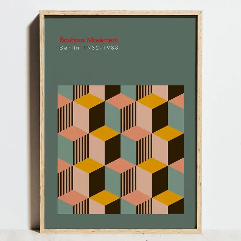 A framed decorbites bauhaus geometric exhibition poster with interlocking cubes in muted peach, mustard, teal, and dark brown on sage green canvas