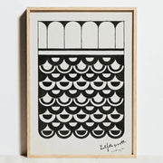 DecorBites™ bauhaus geometric exhibition canvas art poster with black and white minimalist arches and scalloped shapes framed in light wood