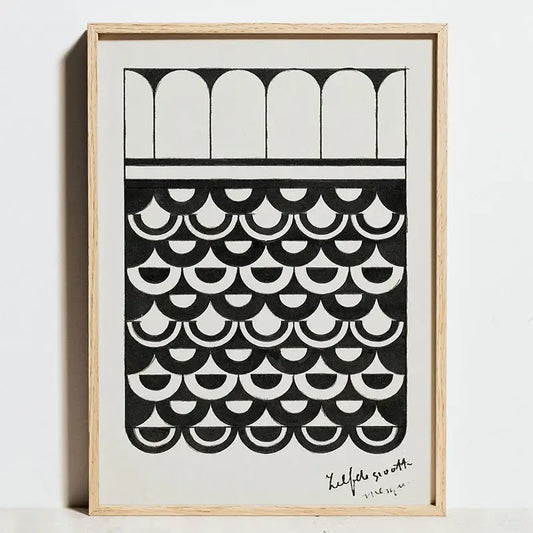 DecorBites™ bauhaus geometric exhibition canvas art poster with black and white minimalist arches and scalloped shapes framed in light wood