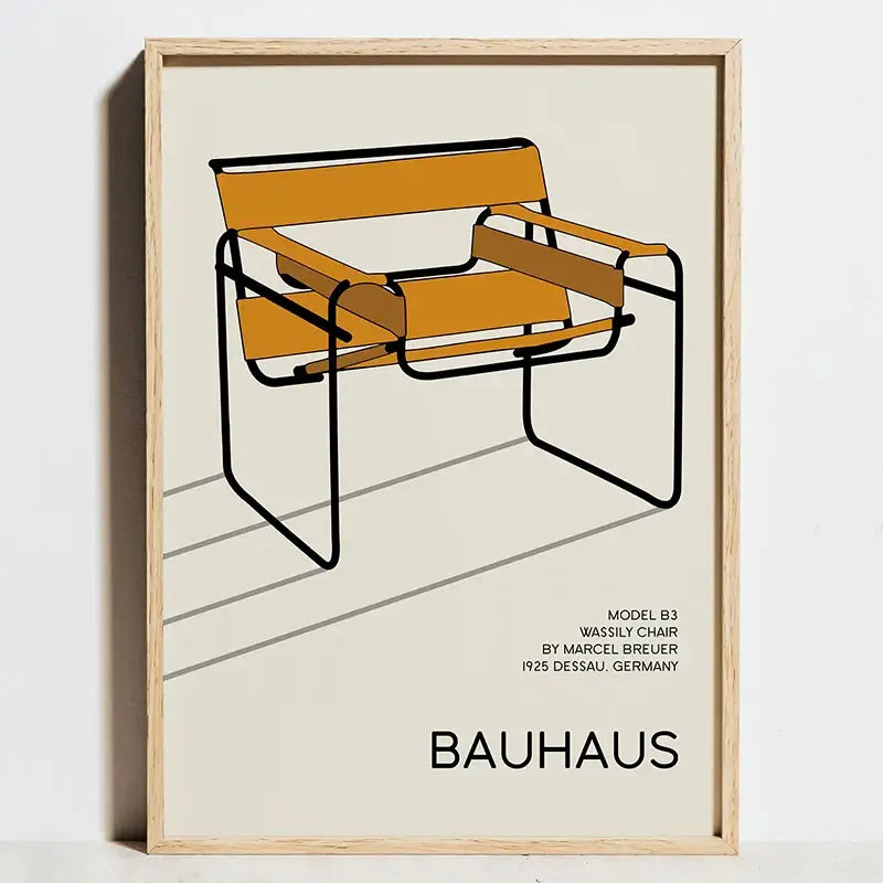 A minimalist poster of a stylized orange and black wassily chair framed in light wood from decorbites bauhaus geometric exhibition