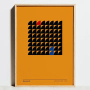 Orange-framed bauhaus geometric exhibition poster with black semicircles red and blue accents on canvas painting