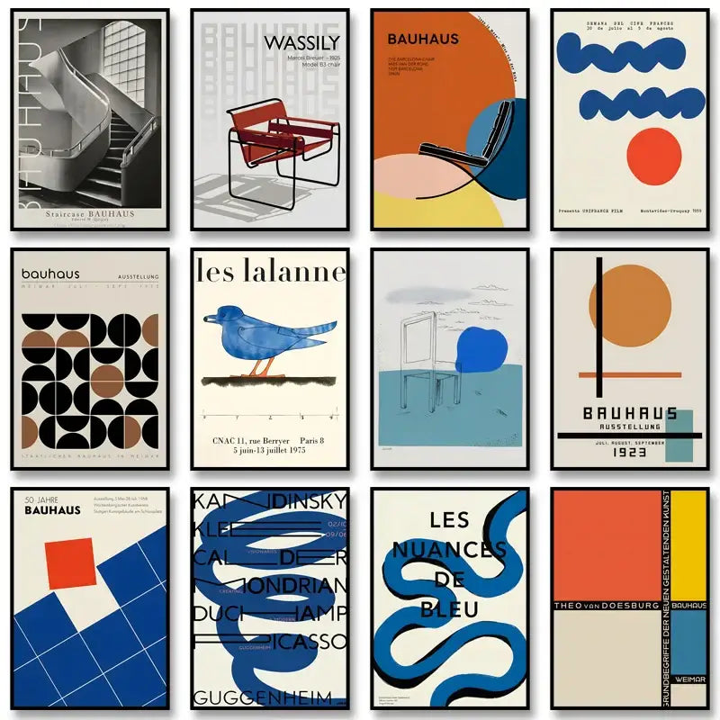Set of twelve decorbites™ bauhaus geometric exhibition posters featuring bold shapes and minimalist canvas painting in blue and orange