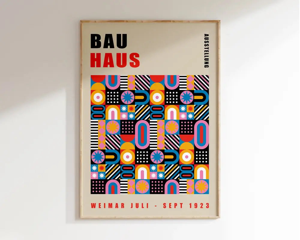 Decorbites bauhaus geometric canvas art print with bold pink blue yellow patterns for mid century bauhaus home decor
