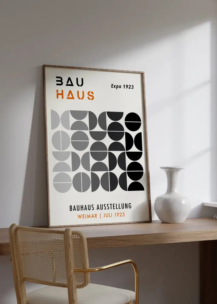 Minimalist DecorBites™ bauhaus canvas prints featuring black gray and white geometric circles for mid century bauhaus home decor