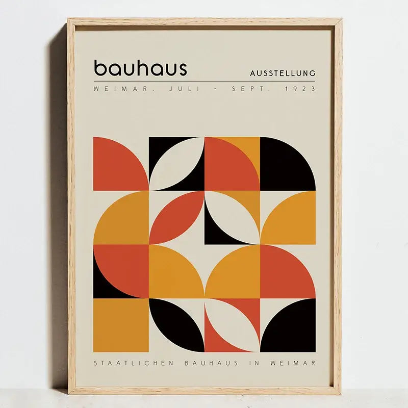 A framed decorbites bauhaus geometric exhibition poster with bold orange black and cream shapes on off-white canvas art