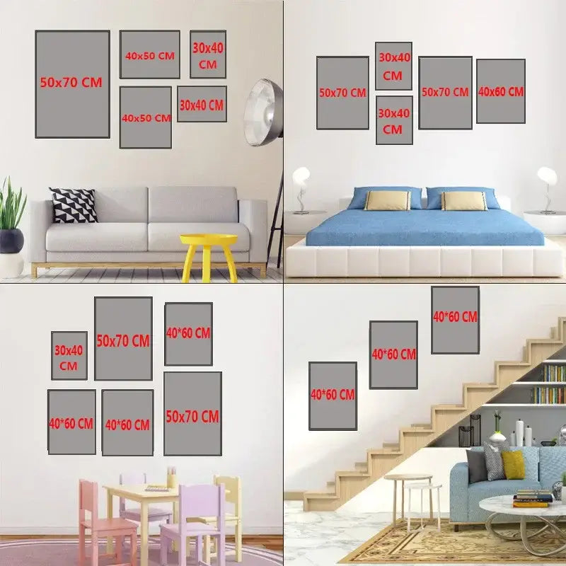 Gray framed bauhaus geometric exhibition posters in various sizes displayed as minimalist canvas art prints on walls