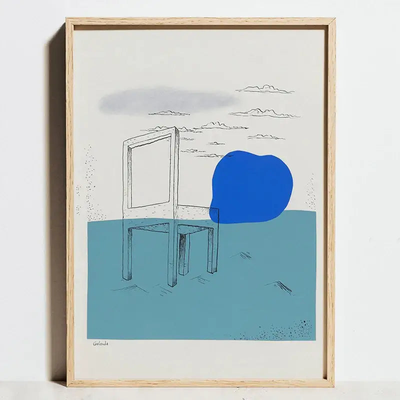 Minimalist framed canvas art featuring a stylized chair and bold blue shapes in a bauhaus geometric exhibition poster design
