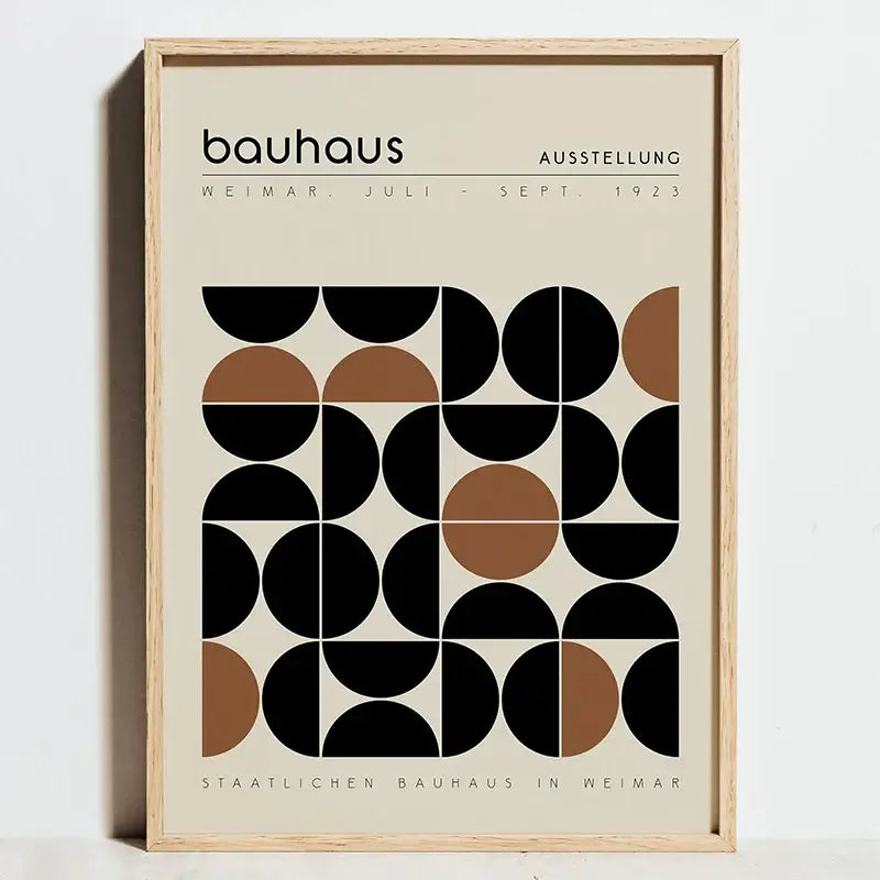 Minimalist framed canvas art featuring bauhaus geometric exhibition black and tan circles on off-white background exhibition posters