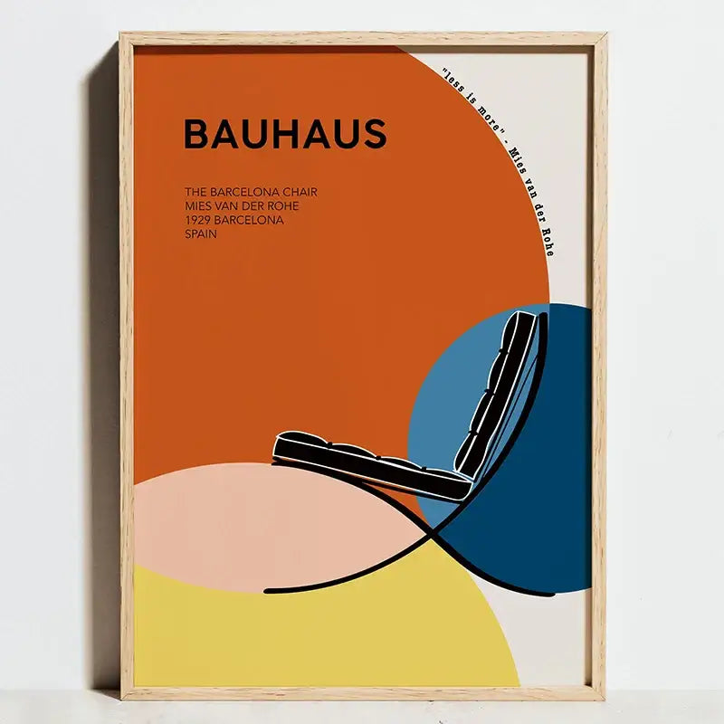 Minimalist framed canvas poster featuring bauhaus geometric exhibition design with barcelona chair in vibrant colors