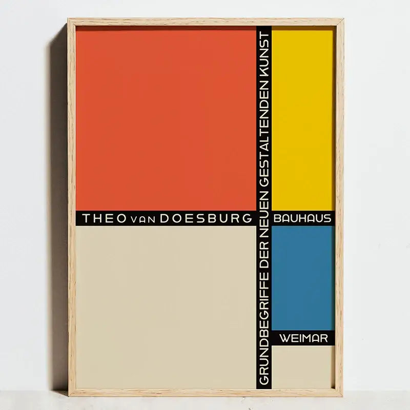 Minimalist framed canvas art featuring bauhaus geometric exhibition posters with bold orange yellow and blue blocks by theo van doesburg