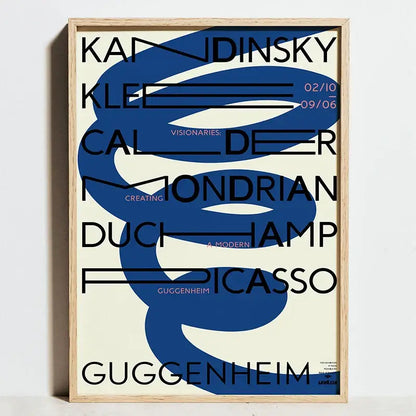 A framed decorbites bauhaus movement geometric exhibition poster with black typography and blue abstract swirls