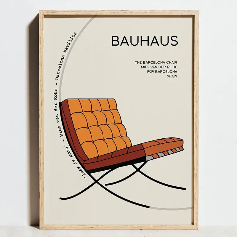 Orange tufted leather barcelona chair poster in light wood frame from decorbites bauhaus movement geometric exhibition posters wall art