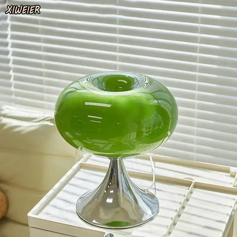 Bauhaus green glass table lamp with vibrant green decorbites glass and polished chrome base for modern living room decor