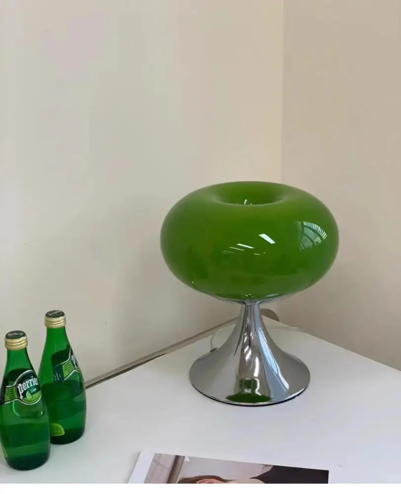 Bauhaus green glass table lamp with vibrant resin mushroom shape and chrome base perfect for decorbites glass table use