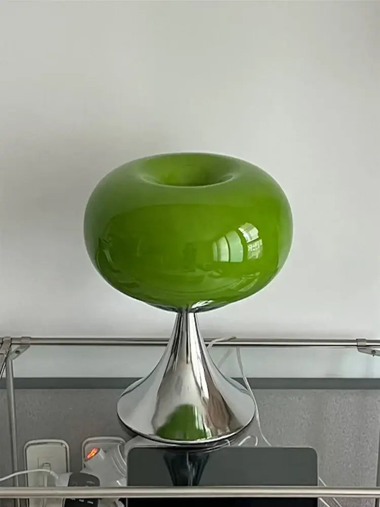 Bauhaus green glass table lamp with vibrant glossy ceramic shade and sleek chrome base for decorbites glass table use