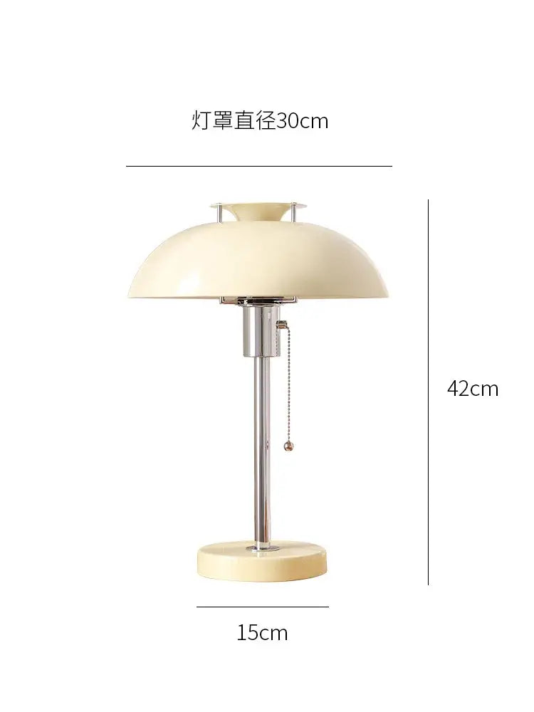 Cream-colored dome lampshade with chrome stem and base bauhaus led table lamp in glossy red for bedroom use