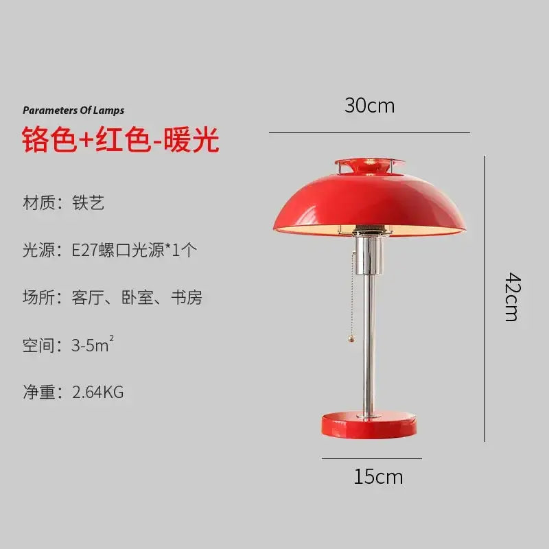 Red dome-shaped bauhaus led table lamp with chrome metal base and stem for bedroom use