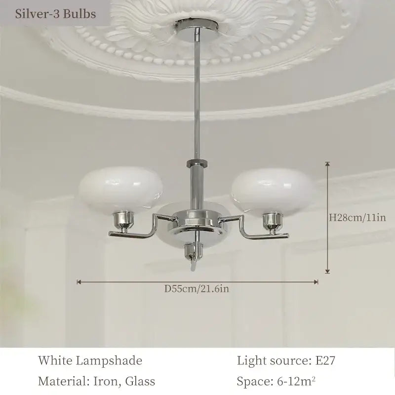 Silver-finished bauhaus medieval chandelier with chrome frame and frosted white glass lampshades for living room lighting