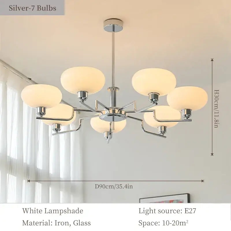 Modern chrome-finished bauhaus medieval chandelier with seven frosted white glass lampshades for living room lighting