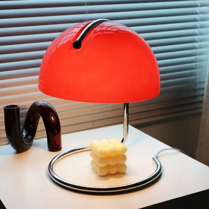 Vibrant red bauhaus mushroom modern desk lamp with glossy textured glass shade and chrome base for fireless aromatherapy