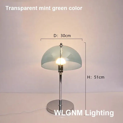 Bauhaus mushroom table lamp with transparent mint green dome glass shade on chrome metal stand for bedroom night light