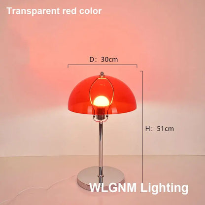 Transparent red bauhaus mushroom table lamp with chrome stem and base ideal for bedroom night light