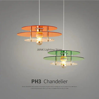 Modern bauhaus ph ufo pendant acrylic chandelier with orange and green tiered glass and metallic frame for dining room