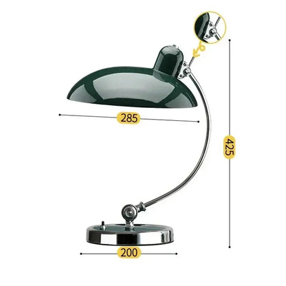 Dark green enamel bauhaus vintage desk lamp with curved chrome arm and base for office or bedroom use