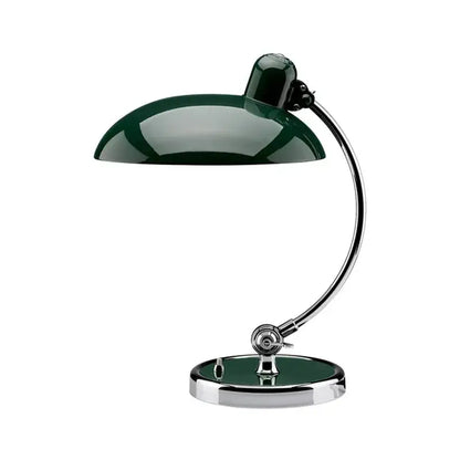 Dark green enamel bauhaus vintage desk lamp with chrome curved arm and base for office or bedroom use