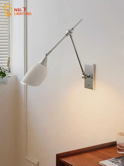 Chrome-finished bauhaus vintage swing arm wall lamp with white frosted glass shade for living room lighting