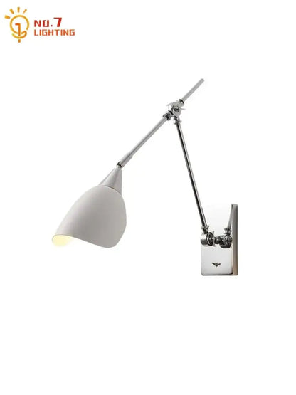 Chrome finished bauhaus vintage swing wall lamp with adjustable arm and matte white conical shade living room sconce