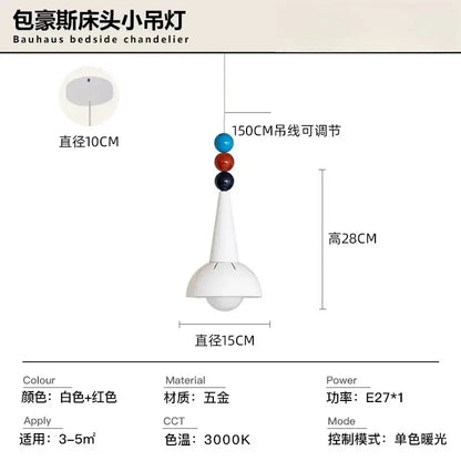 White bauhaus colorful led pendant light with conical stem, blue red black beads, and frosted glass kitchen shade
