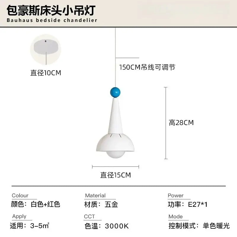 White and red bauhaus colorful led pendant light with metallic finish, conical shade, and spherical accent for kitchen use