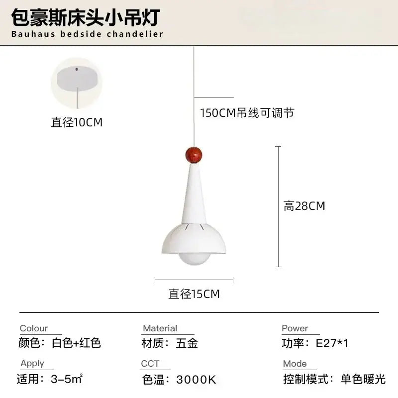 Bauhaus white and red colorful led pendant light with metallic finish designed as a bedside chandelier