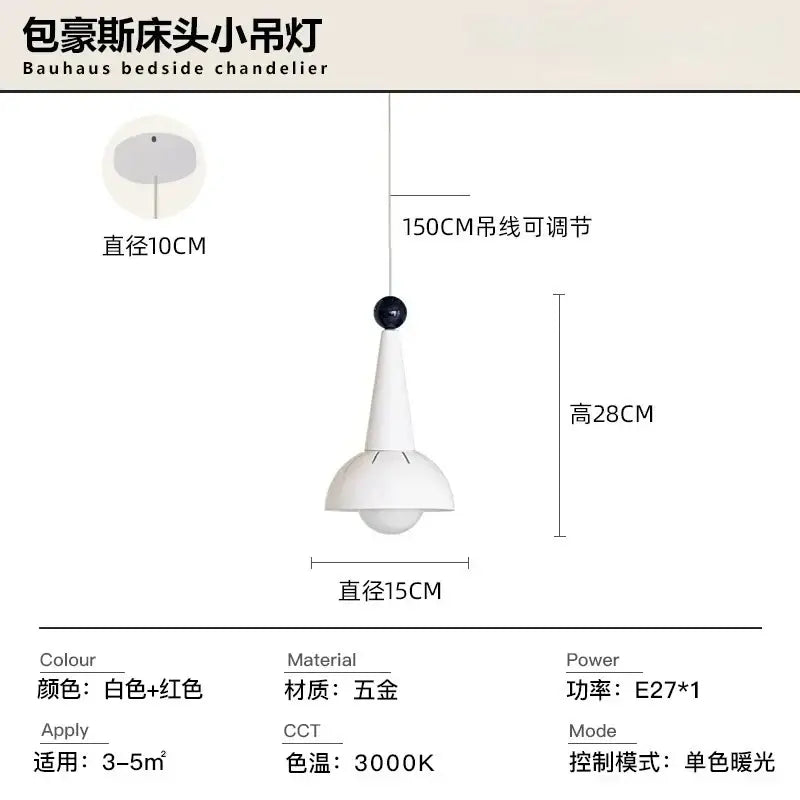 White and red bauhaus colorful led pendant light with metallic finish designed as a bedside chandelier for kitchens