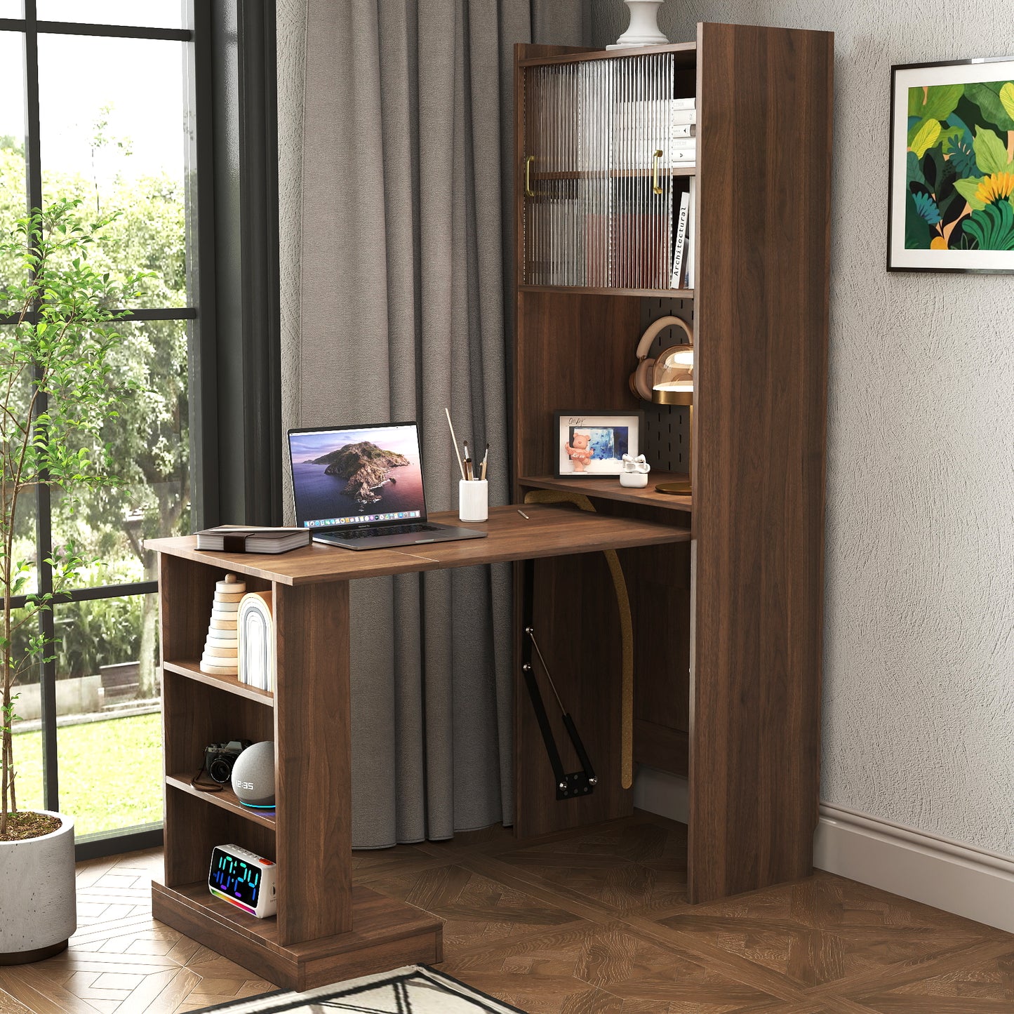 Folding Desk With Storage, Space-Saving Foldable Computer Desk For Small Spaces, Writing Study Table For Home Office, Bedroom, Dorm, Apartment