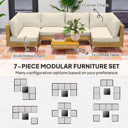 7 Piece Wicker Patio Furniture Set, Modular Outdoor Sectional With Thickened Cushions, Acacia Wood Table, Khaki Beige