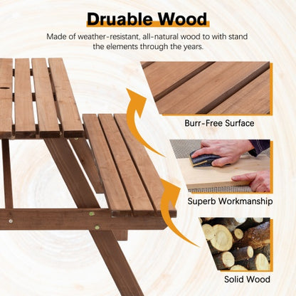 8 Person Brown Wooden Picnic Table, Outdoor Camping Dining Table With 2 Seats, Garden, DIY With 2 Built-in Benches, 2220lb Capacity