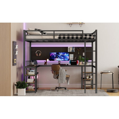 Black Metal Loft Bed With Desk And Shelves