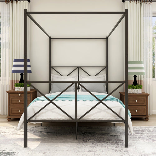 Black Metal Canopy Bed Sturdy Frame Design