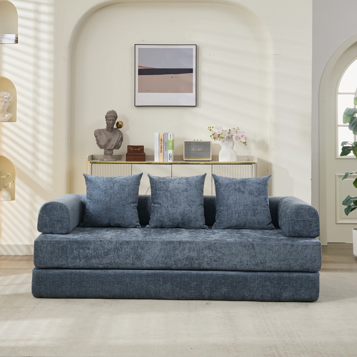 Comfy Convertible Folding Mattress Couch, Floor Sofa Bed, Chenille Floor Sofa With Armrest, Floor Sofa Lounge Couch For Living Room Bedroom Lounge Studio-Blue