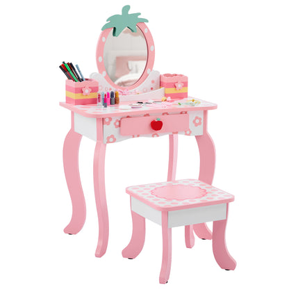 White MDF Spray-painted 1-drawer 2-desktop Storage Box Children's Dressing Table Set With Apple Print