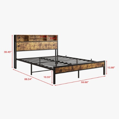 Full Size Bed Frame With Storage Headboard, Metal Platform Bed With Charging Station, Bookcase Storage, No Box Spring Needed, Easy Assembly, Noise-Free, Black