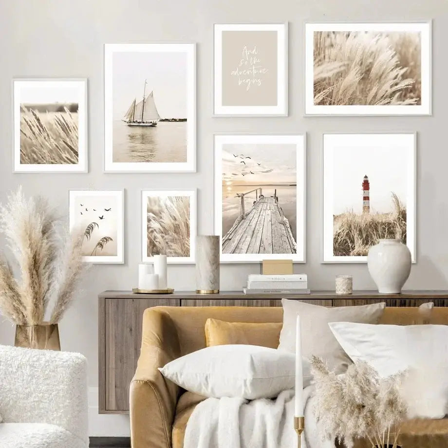 DecorBites beach landscape canvas wall art set of nine white framed coastal home decor pieces in neutral beige tones