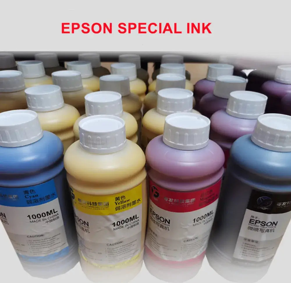 Epson 1000ml special ink bottles in cyan yellow magenta and black with white caps for decorbites beach landscape wall art home decor