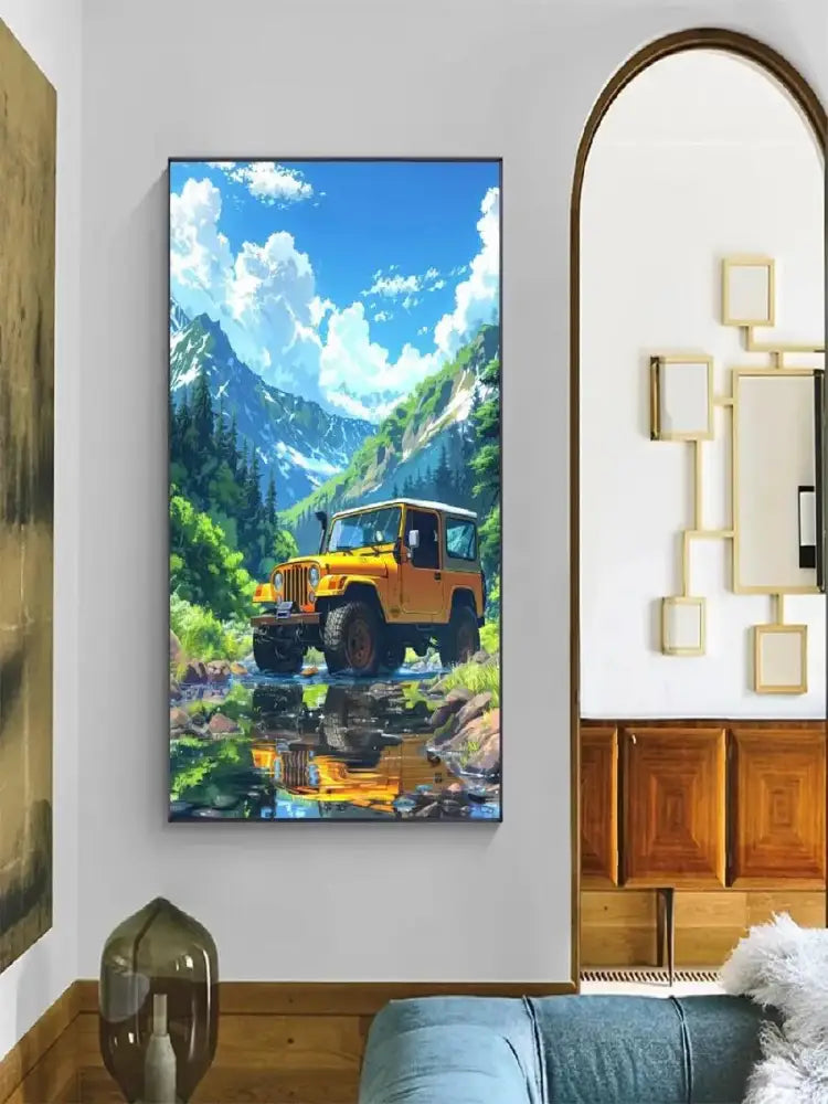 Decorbites™ blue beach cabin forest canvas wall art featuring a vibrant yellow jeep wrangler in mountainous landscape