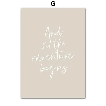 Beige rectangular wall art featuring the phrase and so the adventure begins in white cursive on a DecorBites™ beach landscape canvas
