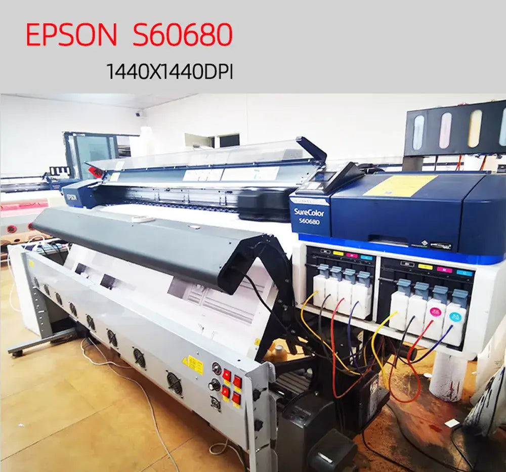 Epson s60680 large-format printer with white and blue design and multiple ink cartridges for high-resolution beach landscape canvas wall art printing